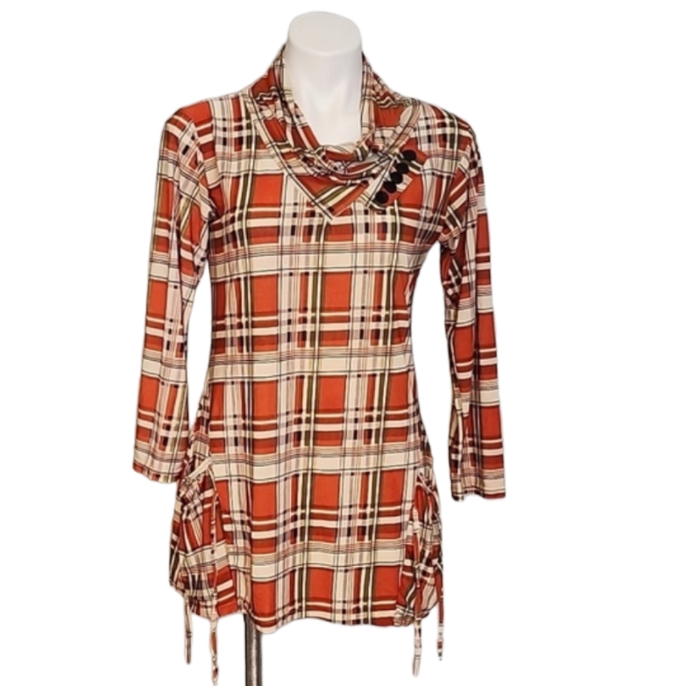 Vintage Style Orange and Brown Plaid Cowl Neck Shirt